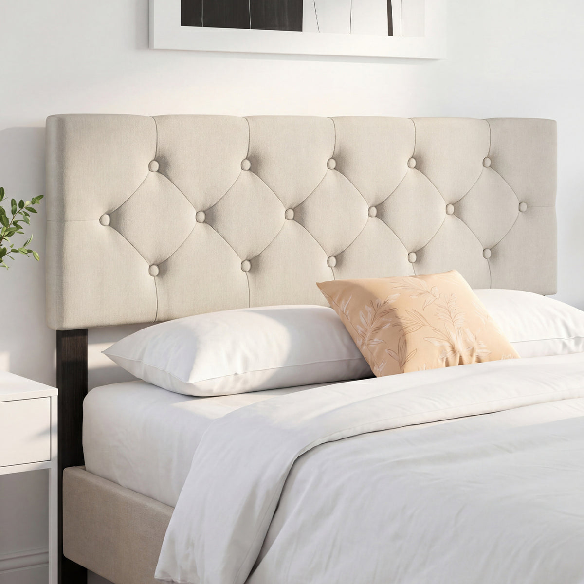 Upholstered Headboard Queen/Full Size Tufted Linen Fabric Bed Frame Mount Panel-Beige view 2