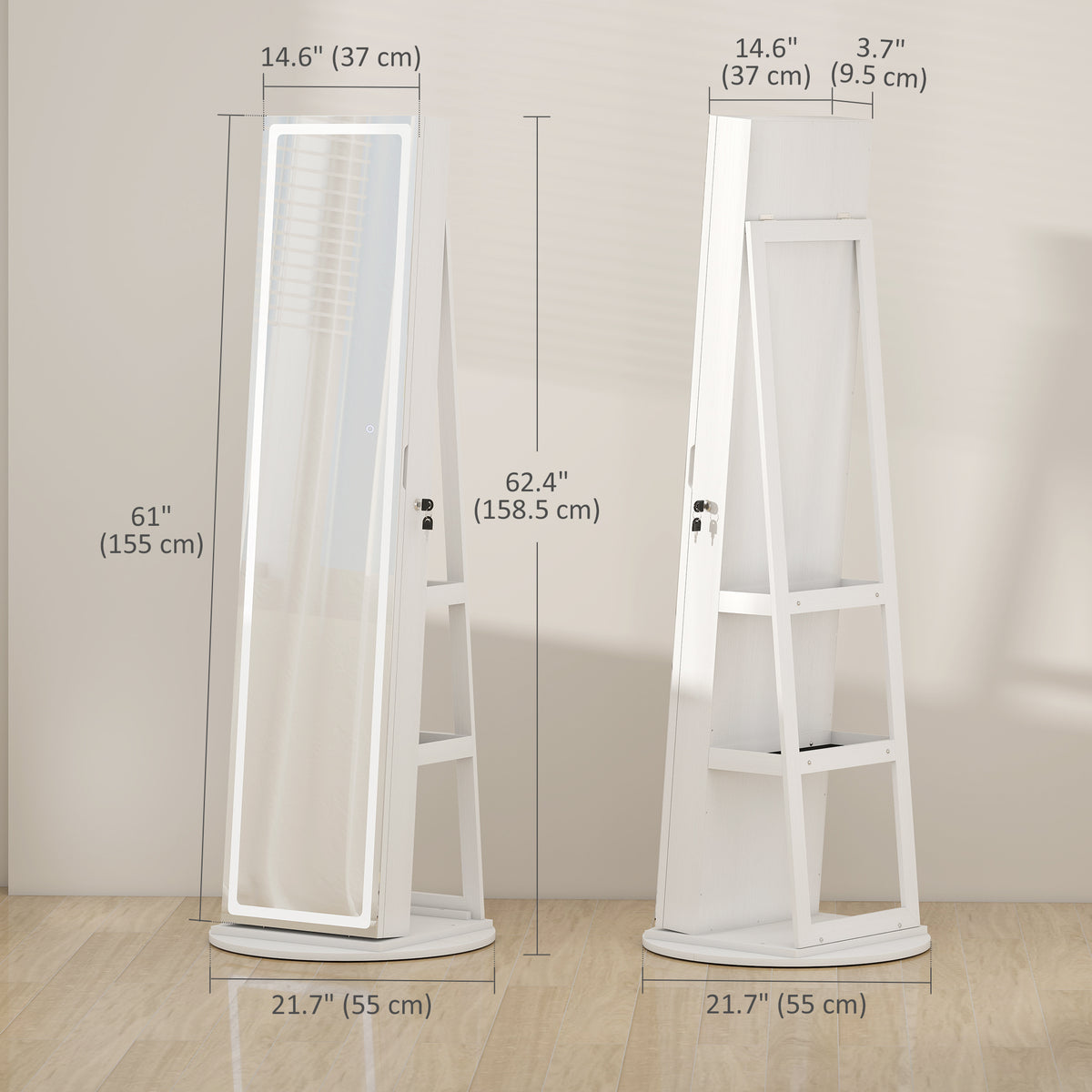 Jewelry Cabinet with Full Length Lockable Mirror, Standing Jewelry Armoire Organizer with LEDs, White