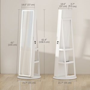 Jewelry Cabinet with Full Length Lockable Mirror, Standing Jewelry Armoire Organizer with LEDs, White