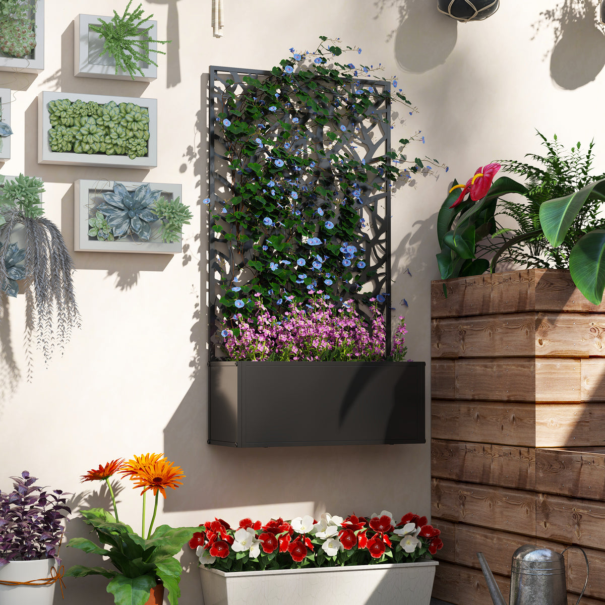 Metal Raised Garden Bed with Privacy Panel, Freestanding or Wall Mounted Outdoor Planter Box for Garden, Patio