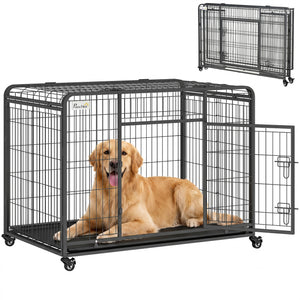 Folding Heavy Duty Dog Crate Heavy Duty Cage for Large Sized Dogs with Double Doors, Lockable Wheels Tray, 43" x 28" x 31"