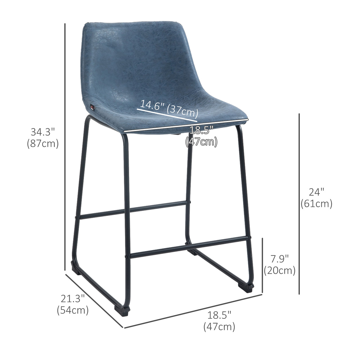 Counter Height Bar Stools Set of 2, Vintage PU Leather Bar Chairs, Kitchen Stools w/ Footrest for Home Bar, Blue