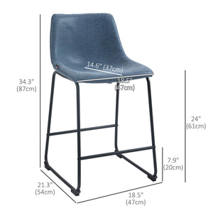 Counter Height Bar Stools Set of 2, Vintage PU Leather Bar Chairs, Kitchen Stools w/ Footrest for Home Bar, Blue
