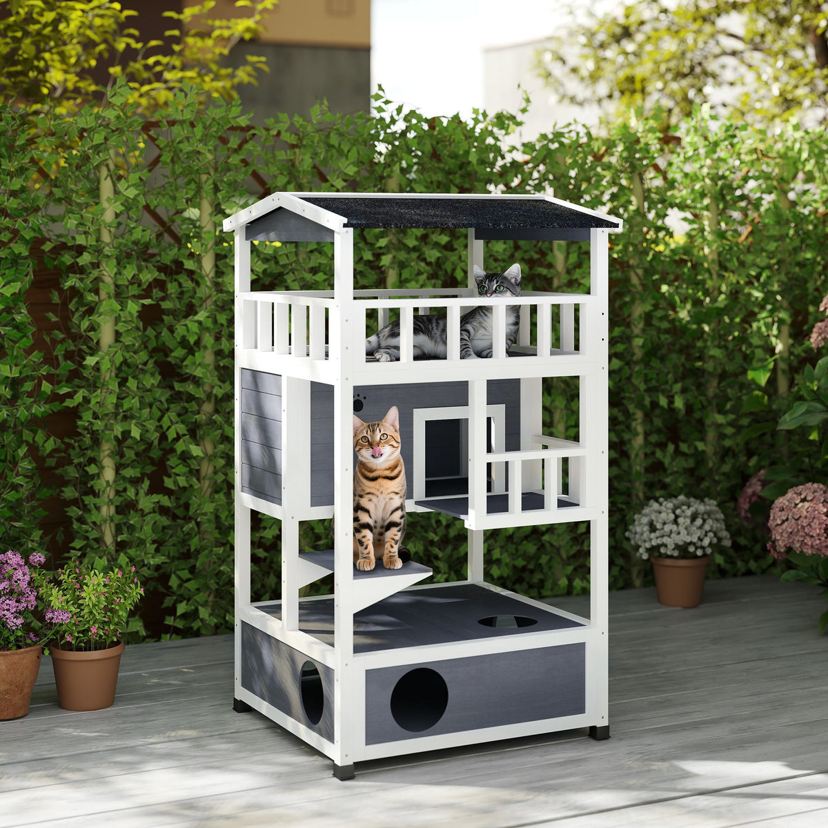 4-Floor Wood Outdoor Cat House Catio for Cats with Condo, Fun Entrances, Perch, Grey – view 7