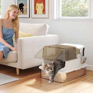 Stainless Steel Cat Litter Box, Easy-Clean Enclosure with Scoop & Flip Lid, 27.6" L x 19.7" W x 18.3" H, White