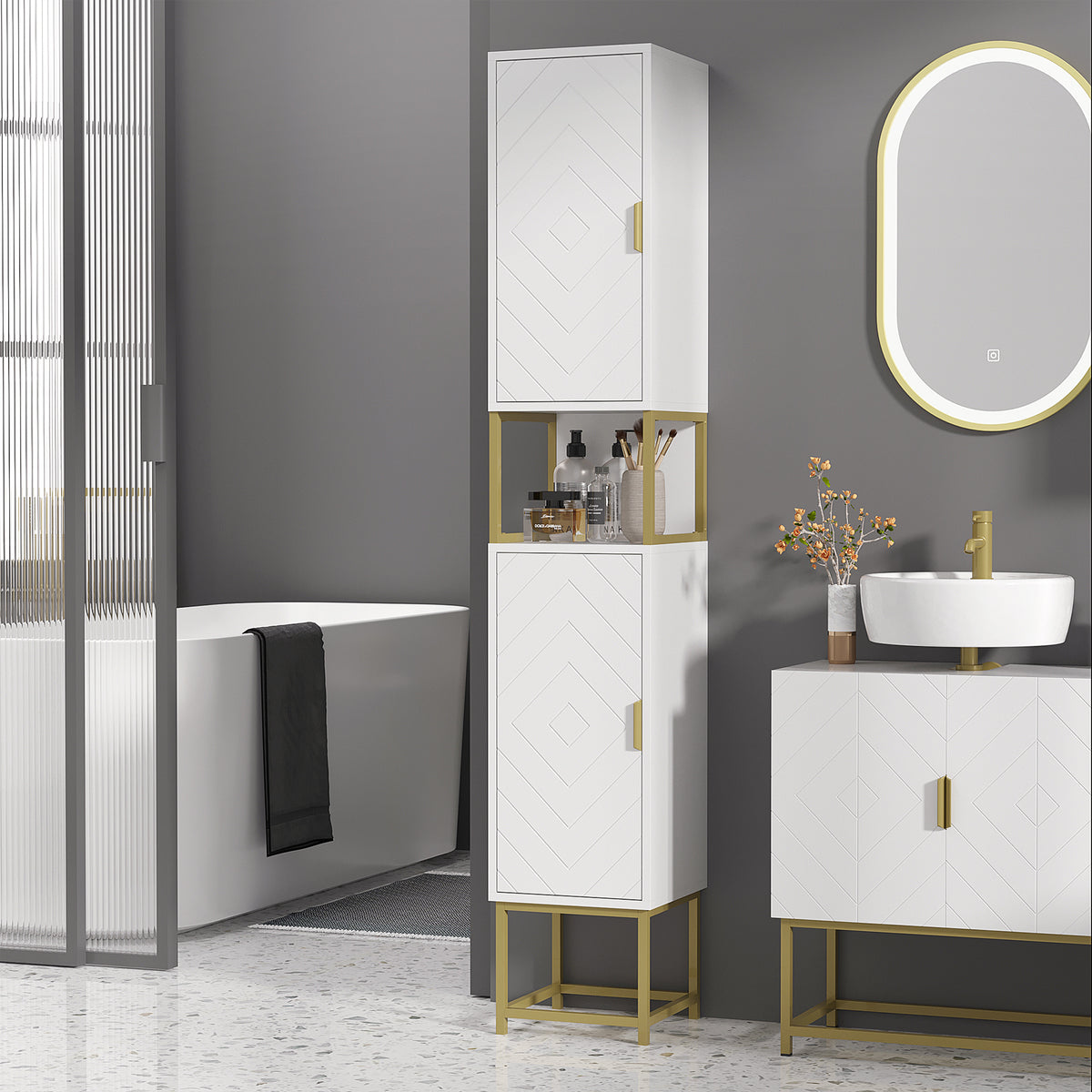 Tall Bathroom Storage Cabinet, Modern Narrow Bathroom Cabinet with Diamond Chevron Pattern and Adjustable – view 14