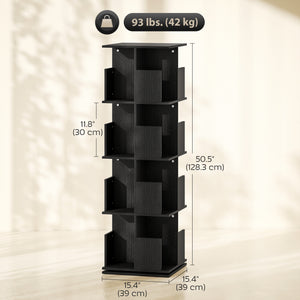 360° Rotating Bookcase with Anti-Tipping Straps, Anti-Slip Foot Pads, 4 Tier Bookshelf with 16 Cubbies for Books, Plants, Decorations, Black