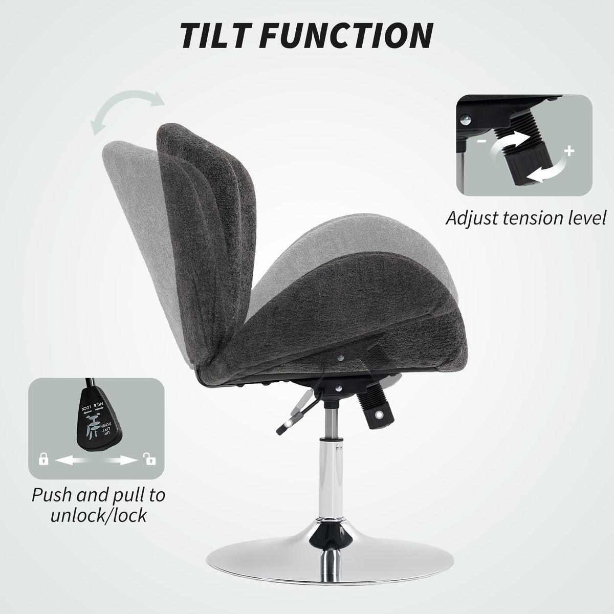 Swivel Office Chair, Velvet Desk Chair with Wide Bucket Seat, Butterfly Back, Tilt Function and Round Base – view 5
