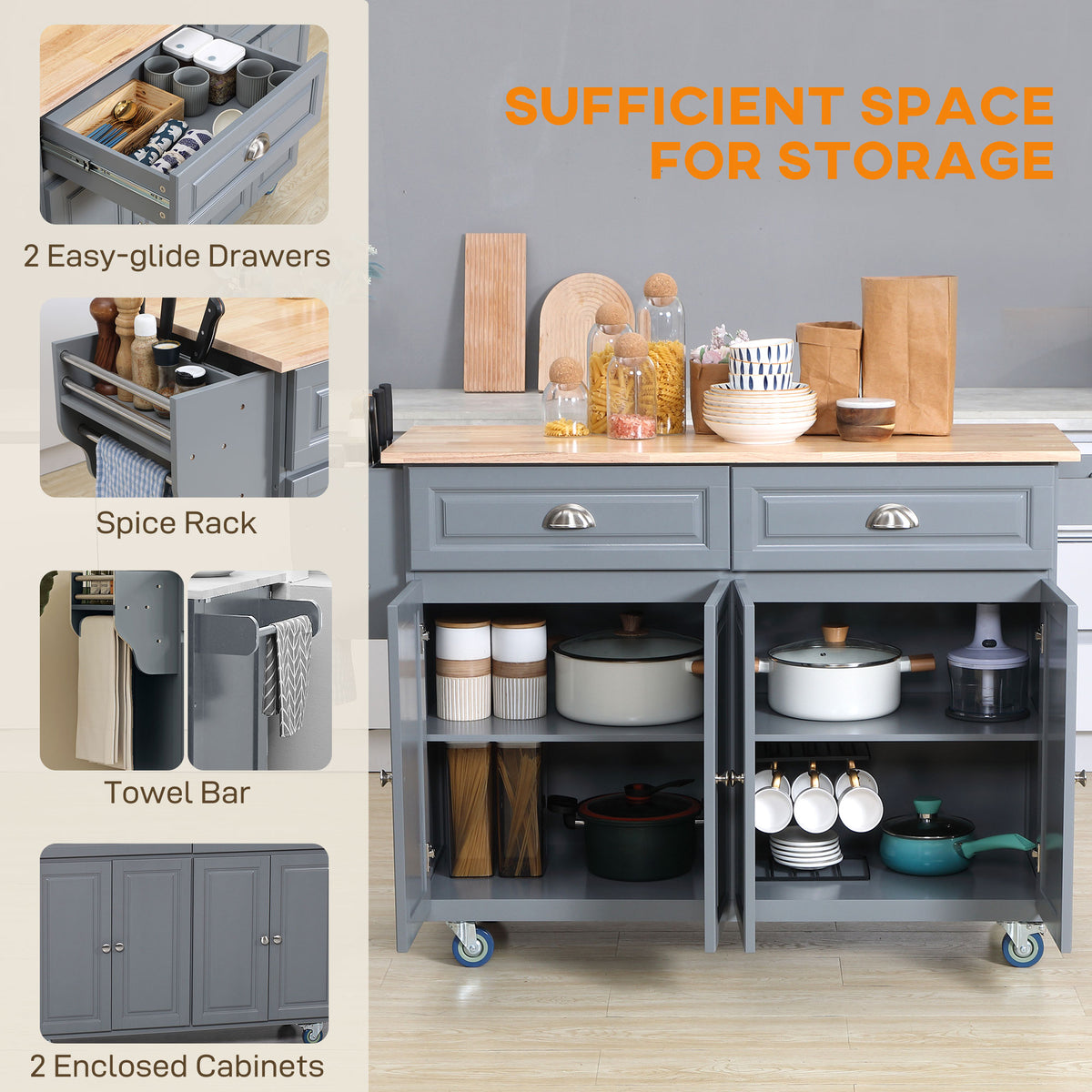Kitchen Island with Storage, Rolling Kitchen Island with Drop Leaf, Rubber Wood Top and Adjustable Shelves, Grey