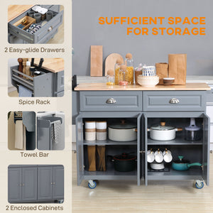 Kitchen Island with Storage, Rolling Kitchen Island with Drop Leaf, Rubber Wood Top and Adjustable Shelves, Grey