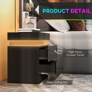 Nightstand, Bedside Table with LED Lights and 2 Drawers for Bedroom, Living Room, Black