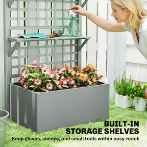 Wooden Raised Garden Bed with Trellis and Roof, Elevated Planter Box with 2 Shelves, Drainage Hole and Liner, Grey