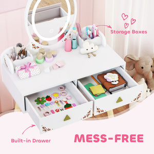 Qaba Kids Vanity Set with Mirror, Stool, 3-Colour LED Lights, Girls Dressing Table Pretend Play for Kids Room, Pink
