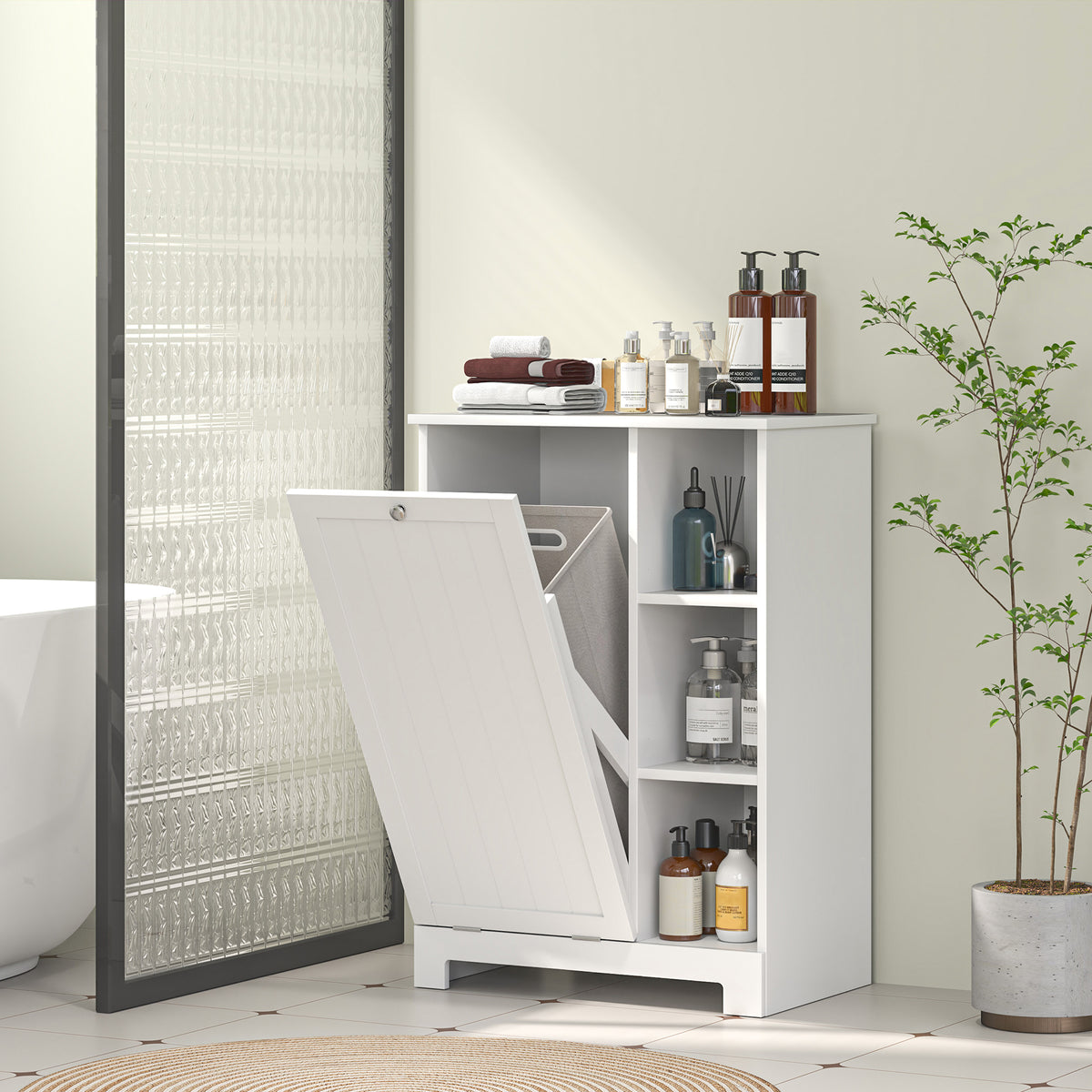 Laundry Cabinet with Removable Basket, Tilt Out Laundry Hamper with Adjustable Shelf and Open Compartments, White
