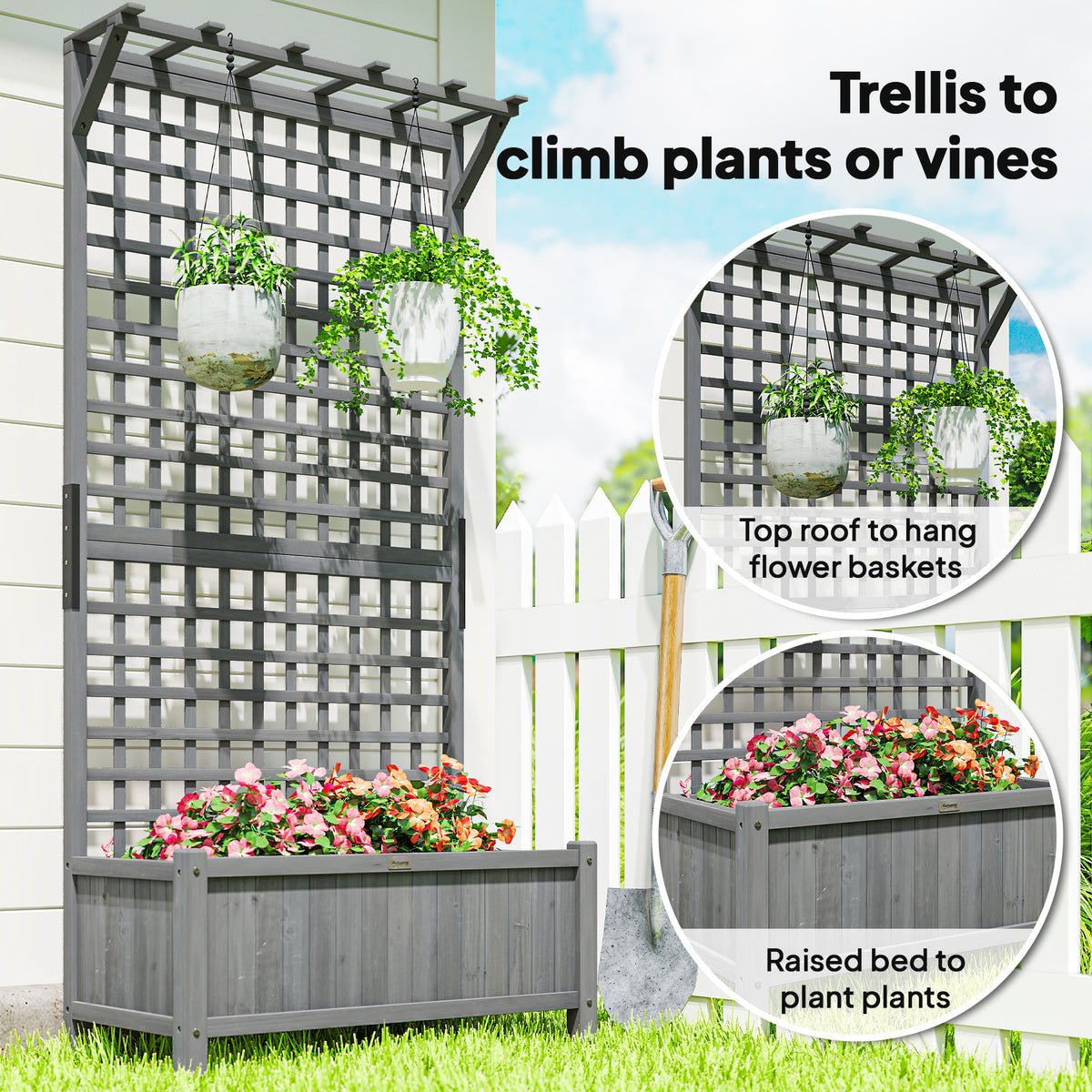Wood Planter with Trellis for Vine Climbing, Raised Garden Bed, Privacy Screen for Backyard, Patio, Deck, Dark Grey