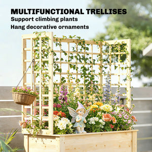 Wooden Raised Garden Bed with 3 Trellises, Outdoor Raised Planter with Drainage Holes