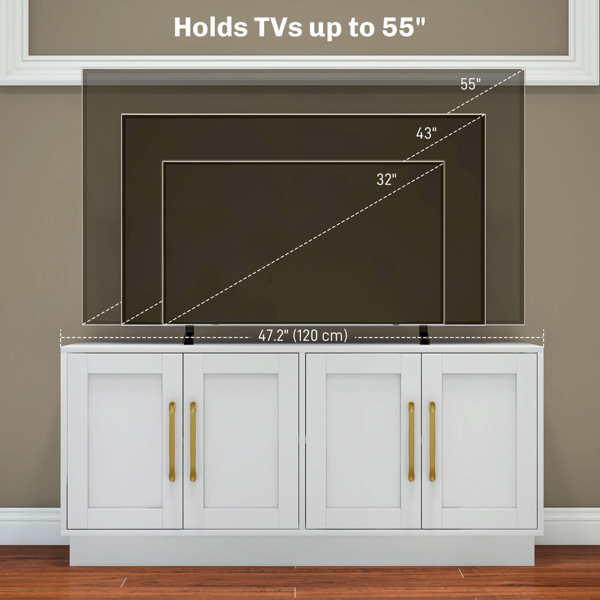 Modern TV Stand for up to 55" TV, TV Cabinet with 4 Soft Hinged Doors, 4 Cable Holes and 2 Adjustable Shelves, White