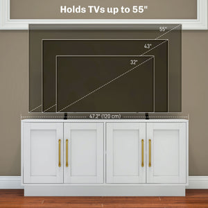 Modern TV Stand for up to 55" TV, TV Cabinet with 4 Soft Hinged Doors, 4 Cable Holes and 2 Adjustable Shelves, White