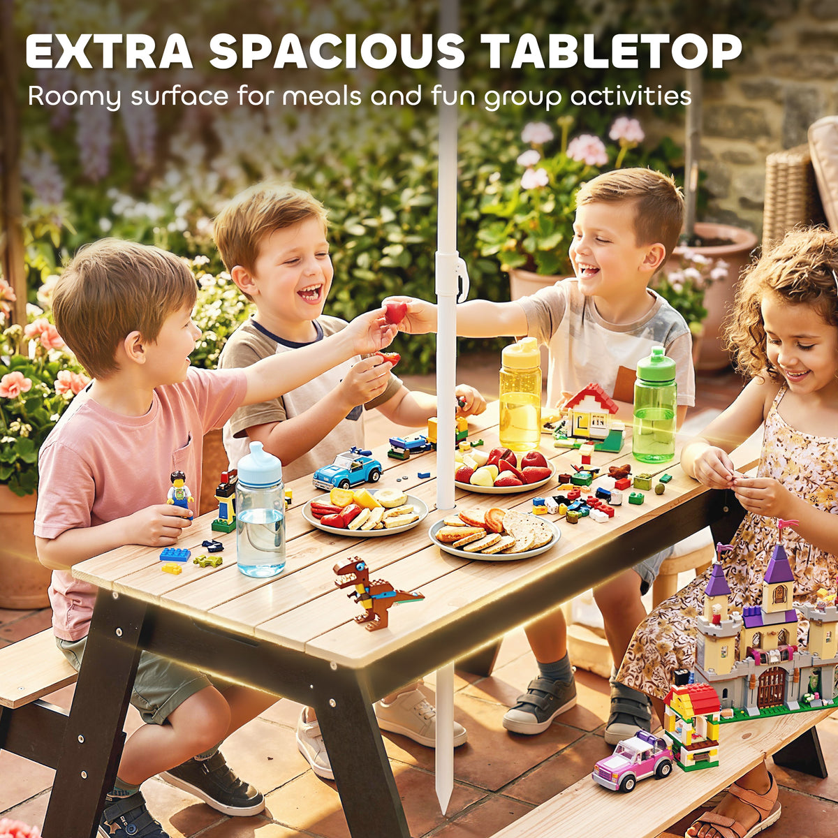 Qaba Kids Picnic Table with Umbrella, 3 in 1 Wooden Sand & Water Table with 2 Hidden Play Boxes for Patio, Ages 3-6