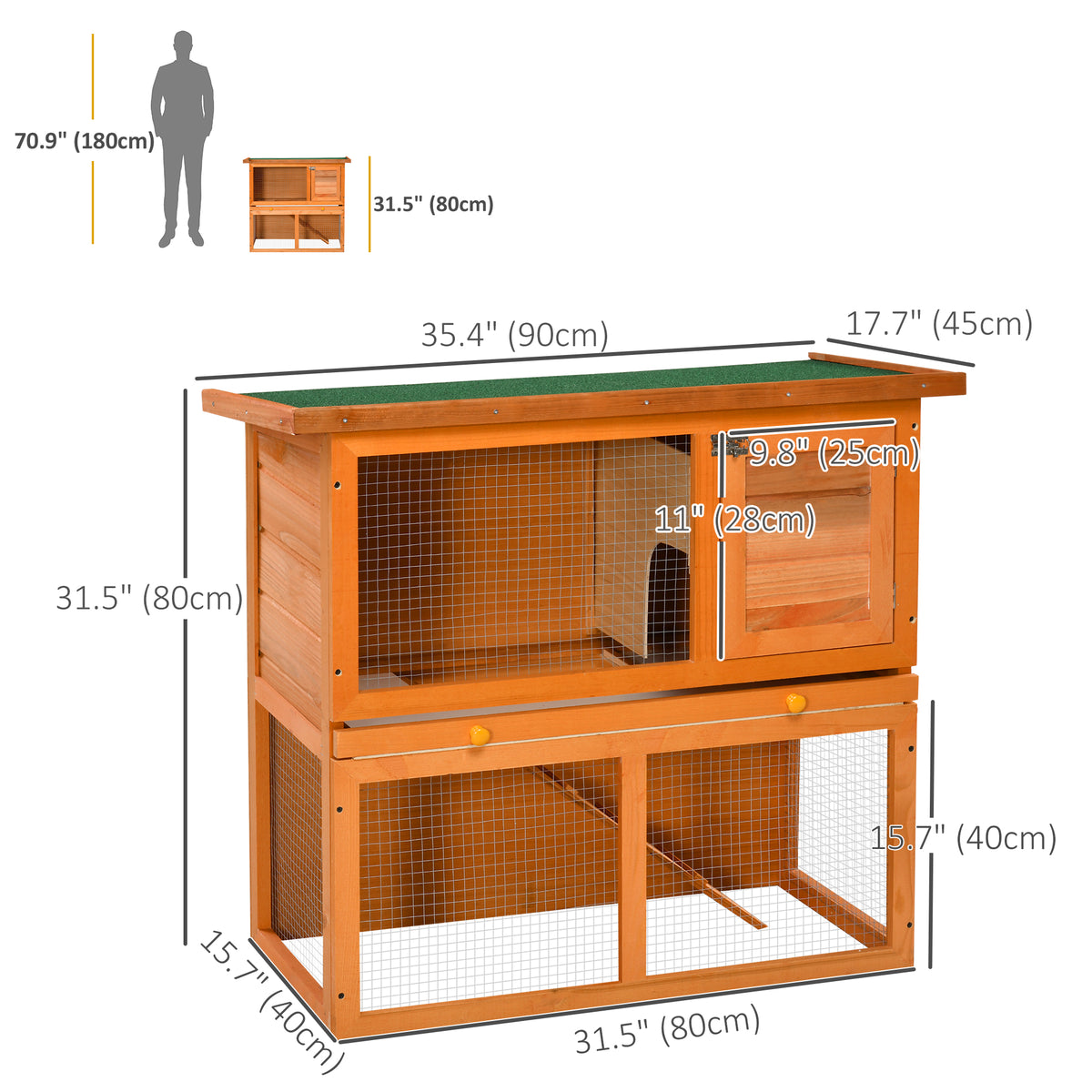 Wooden Rabbit Hutch, Indoor Outdoor Bunny Cage with Run, 2- Level Guinea Pig House with Slide-Out Tray, Waterproof Roof, Yellow