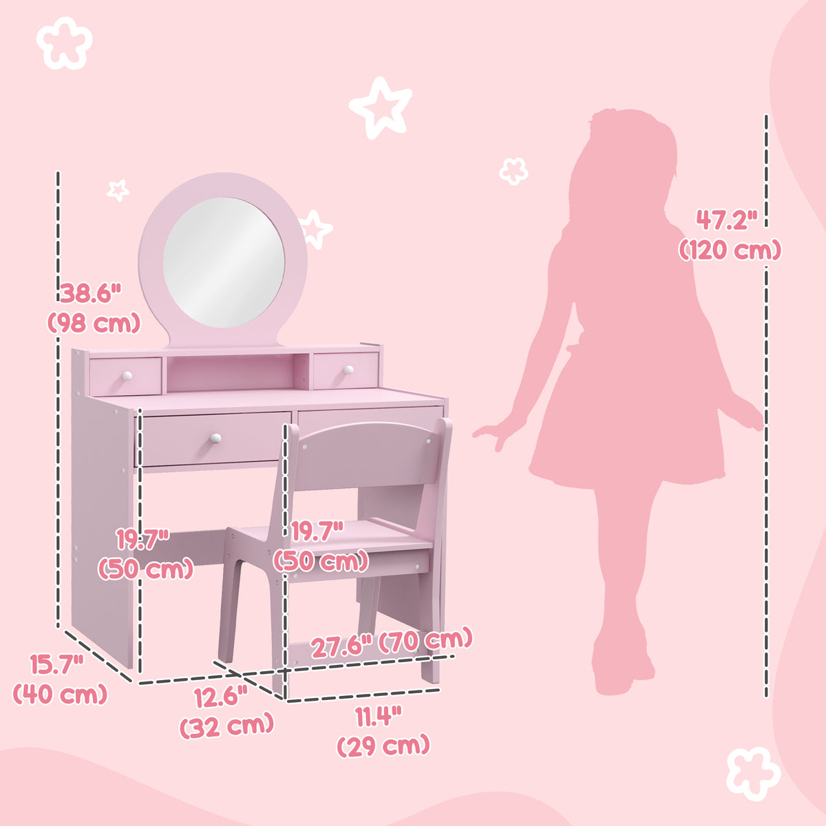 Qaba Kids Vanity Set, Children Makeup Table with Mirror, Stool and Storage Drawers, for Ages 3-8