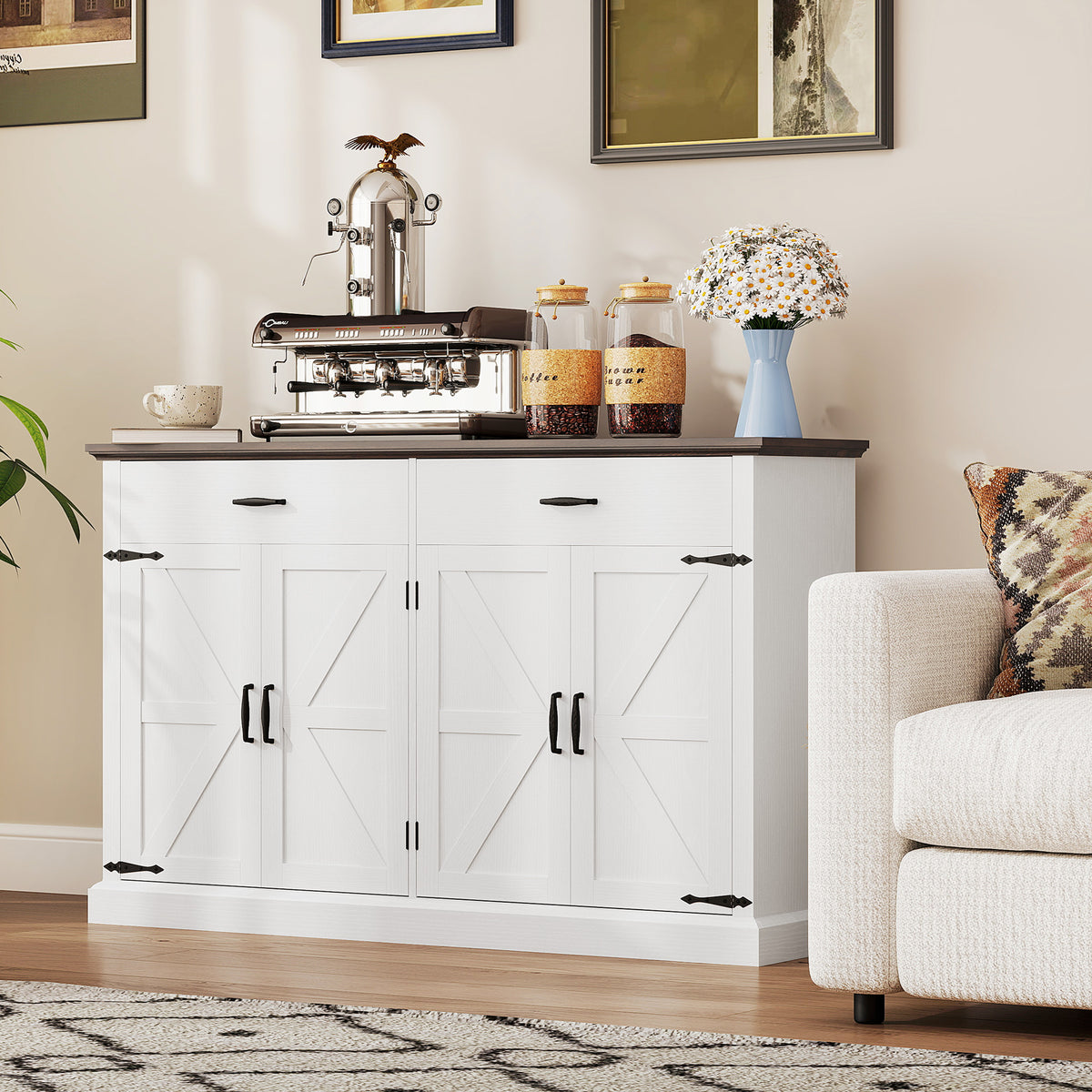 30" Buffet Cabinet, Farmhouse Sideboard with 1.2" Thick Top, 2 Barn Doors, Drawer and Adjustable Shelf – view 14