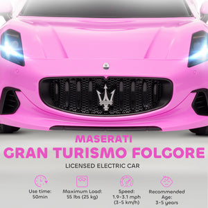 Qaba 12V Maserati Gran Turismo Licensed Kids Electric Car w/ Remote Control, Soft Start, LED Lights, Music, Horn, MP3, Pink