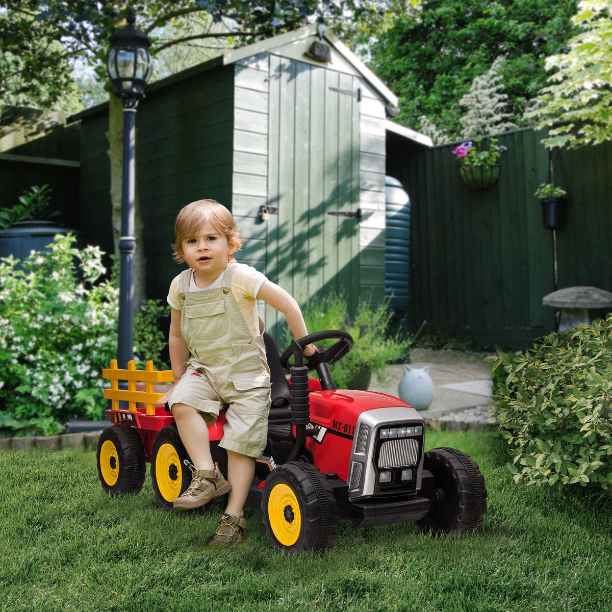 Aosom 12V Kids Ride on Tractor with Trailer, Battery Powered Electric Kids Car with Remote Control, Music Start up Sound and Horn, USB, LED Lights