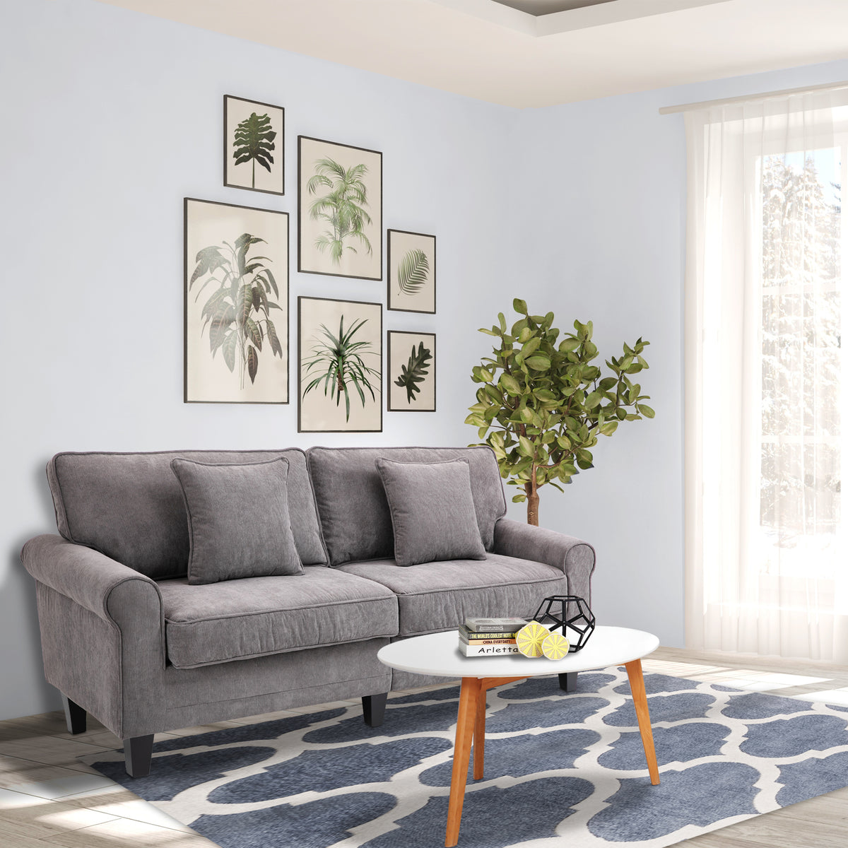 Modern 3 Seater Sofa, Corduroy Fabric 3 Seater Couch with Pine Wood Legs and Rolled Armrests for Living – view 20