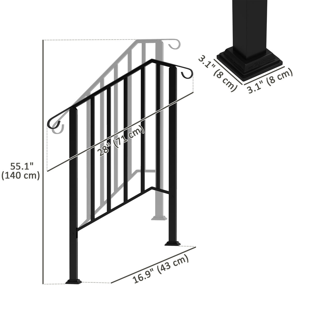 2-3 Step Handrails for Outdoor Steps, Metal Outdoor Stair Railing – view 2