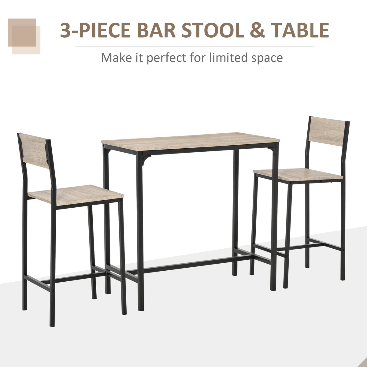 Industrial Bar Table Set Counter Height 3 Piece and 2 High Back Stools Set Dining Table Set Natural Wood