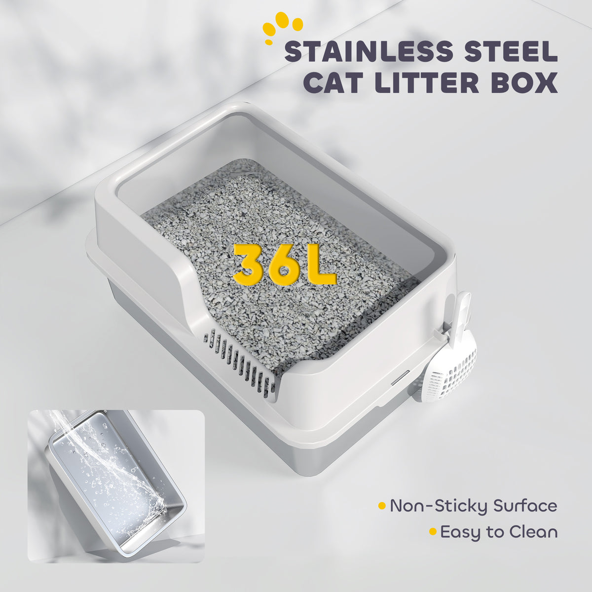 Stainless Steel Cat Litter Box with Lid with Scoop, High Sided, Non-Stick, & Anti-Urine Leakage, Easy Cleaning