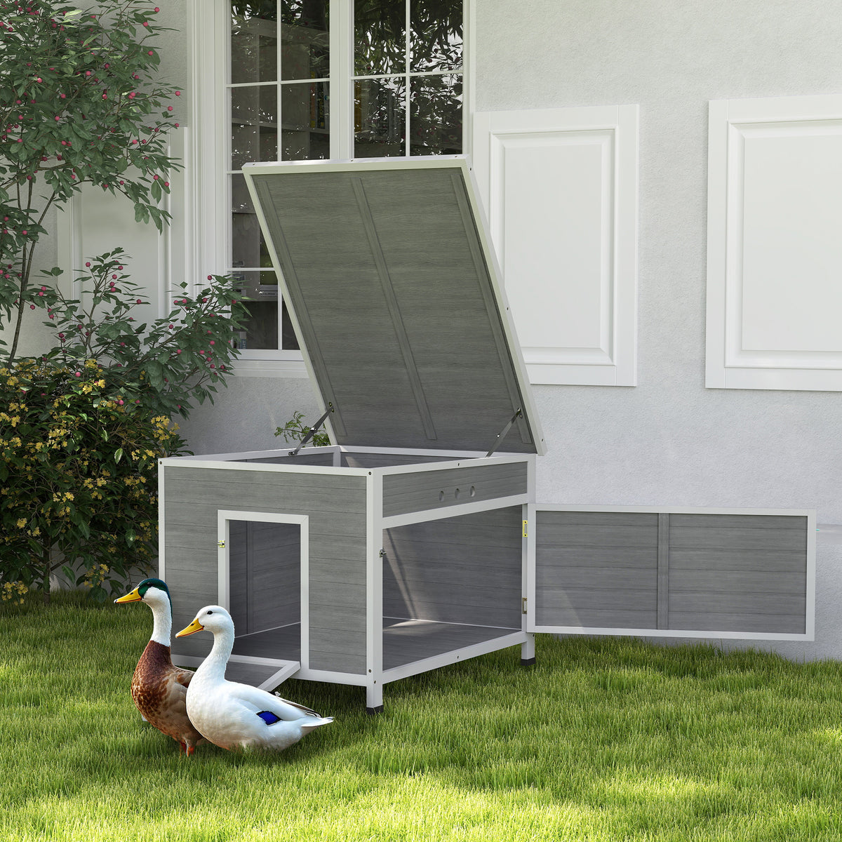 Duck Coop, Wooden Chicken House Rabbit Hutch with Openable Roof, Removable Floor, Double Doors, Ramp, Grey
