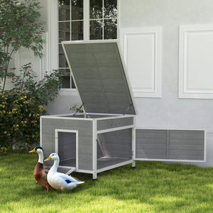 Duck Coop, Wooden Chicken House Rabbit Hutch with Openable Roof, Removable Floor, Double Doors, Ramp, Grey