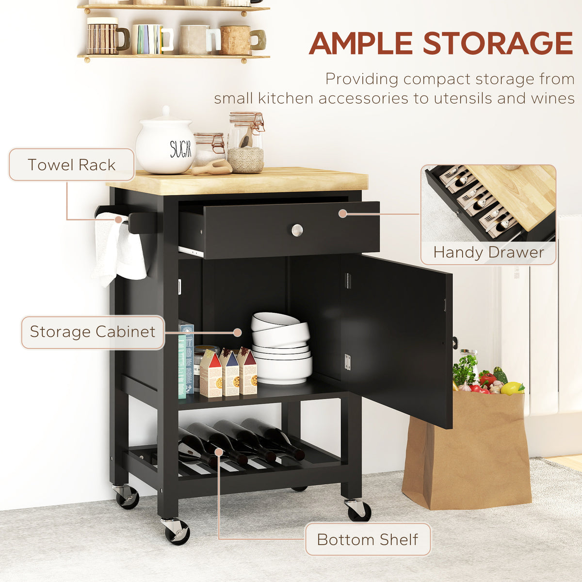 Kitchen Cart on Wheels, Rolling Kitchen Island Cart with Wood Top, Towel Rack – view 10