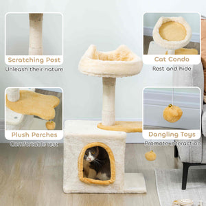 28" Cat Tree Tower with Plush Top Bed, Cozy Condo, Sisal Scratching Post, Perch, Dangling Ball, Beige and Yellow