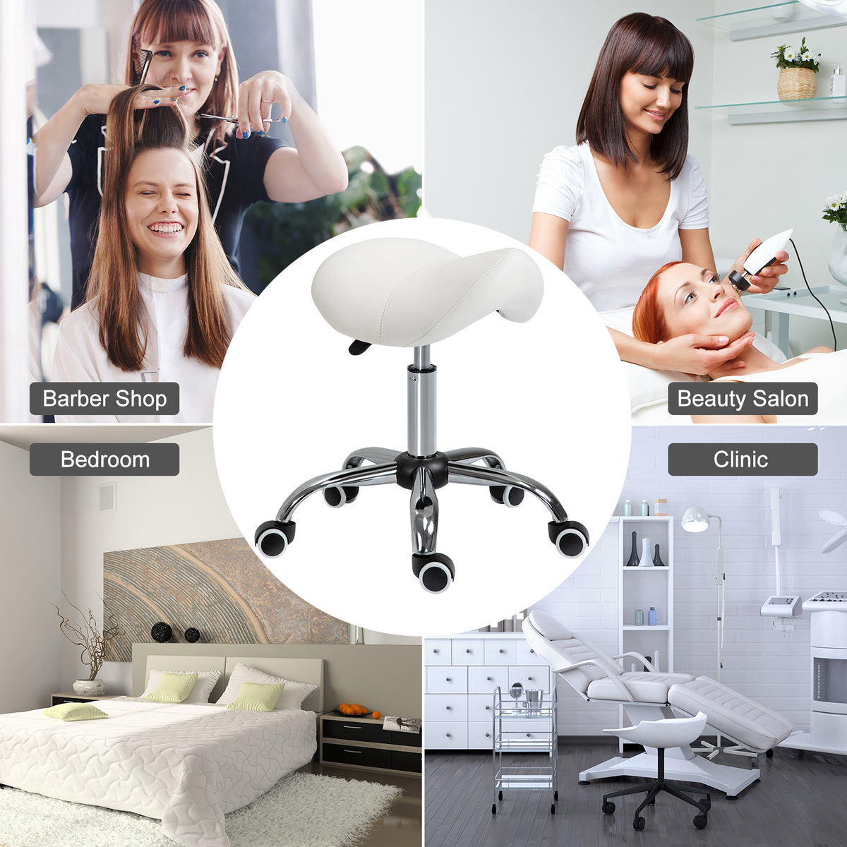 Ergonomic Saddle Stool with Wheels, Adjustable PU Leather Saddle Chair, 360° Swivel, No Back Pain, Healthy Posture, Salon Chair for Massage Medical Home, Cream White