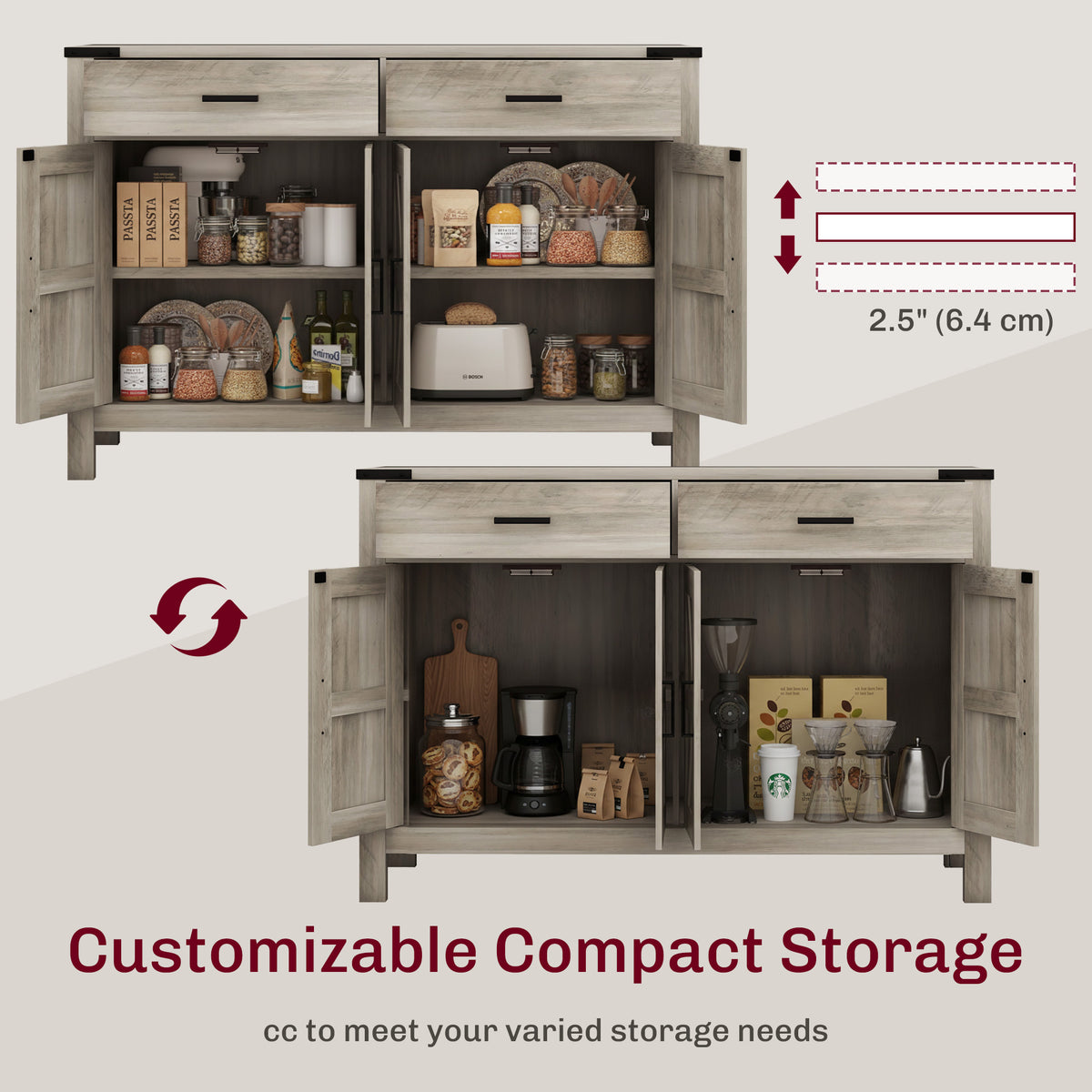 Side Cabinet, Farmhouse Kitchen Storage Cabinet w/ 2 Drawers and Shelves for Living Room, Entryway, Grey – view 10