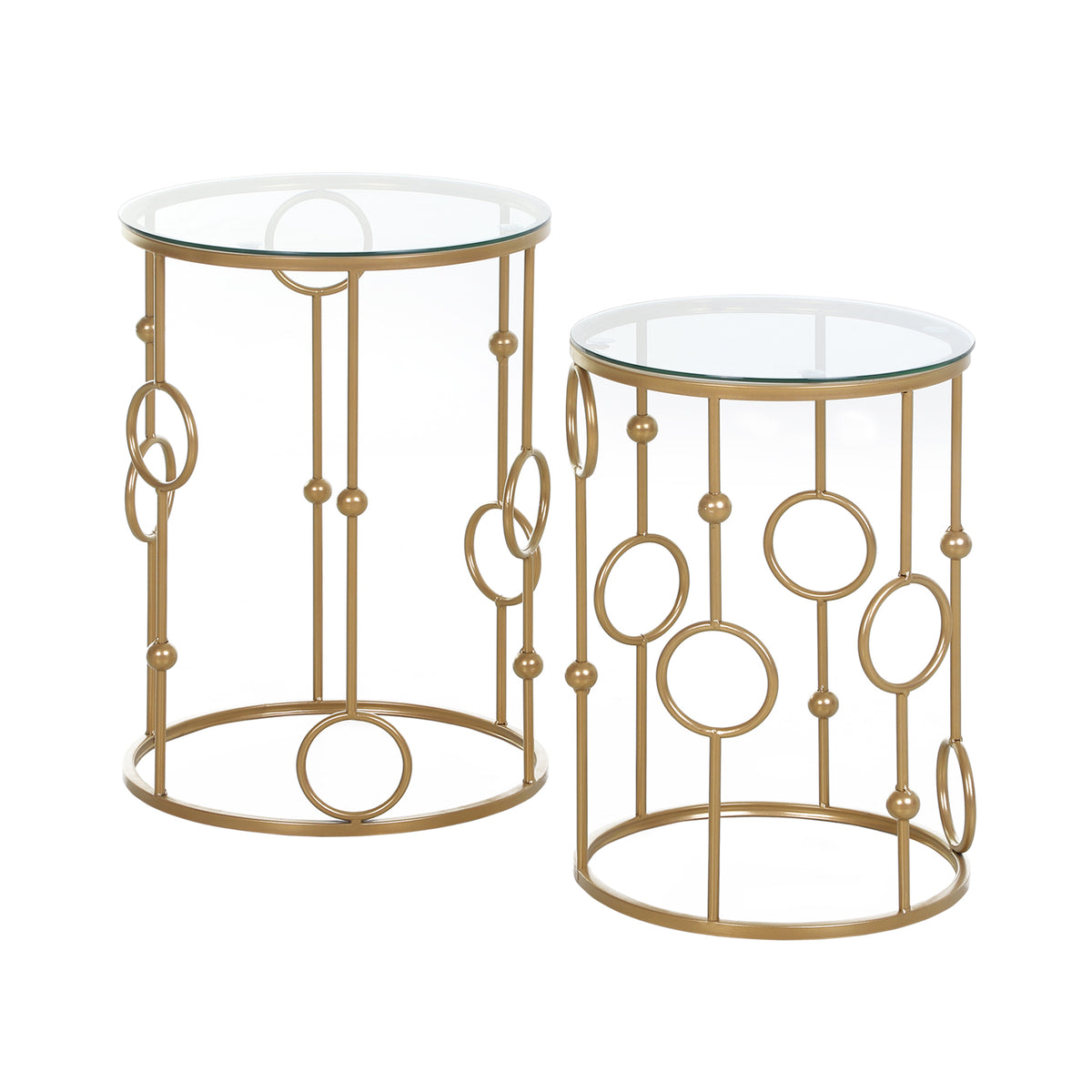 Round Coffee Tables Set of 2, Gold Nesting Side End Tables with Tempered Glass Top, Steel Frame for Living Room