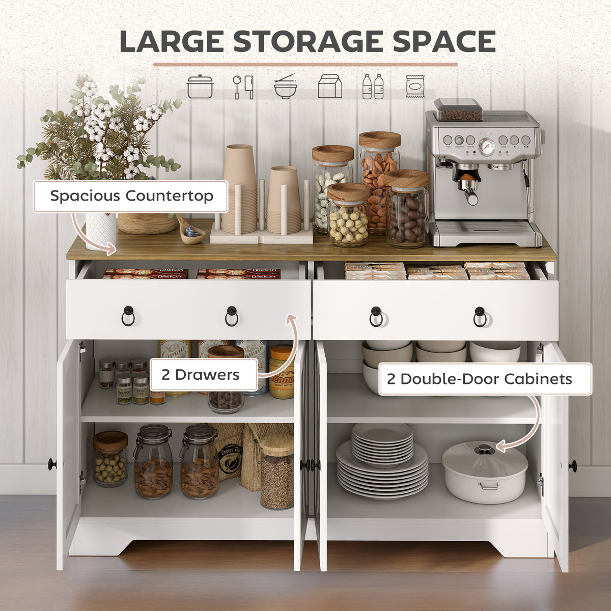 Sideboard Cabinet with 2 Drawers, 4 Barn Doors and 2 Adjustable Shelves, Buffet Table for Living Room, Black – view 17