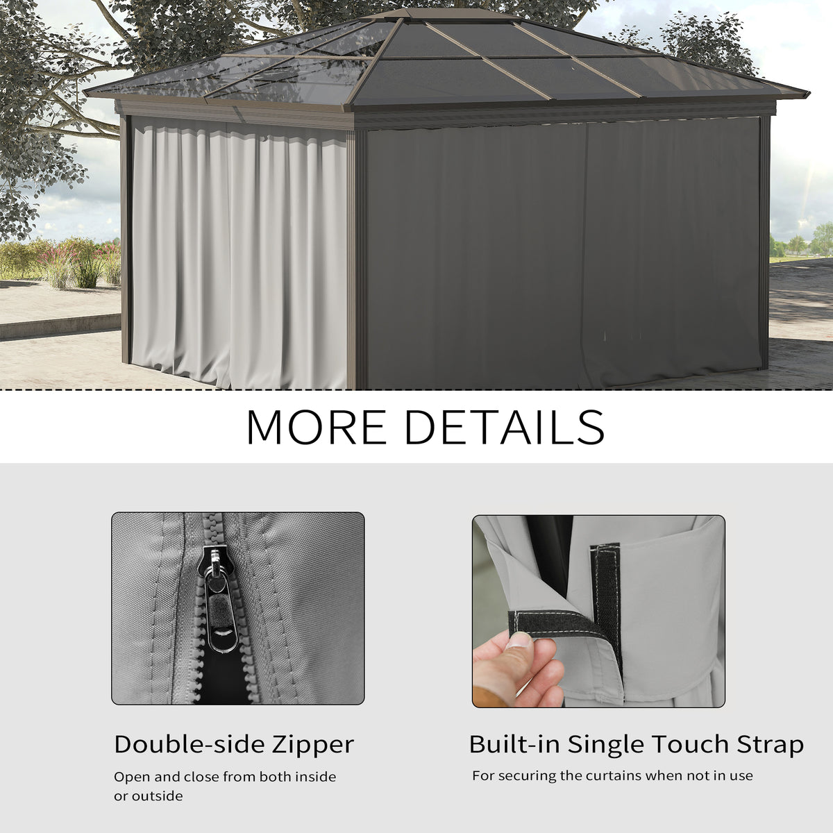 Gazebo Curtains, 10' x 10' Universal Replacement Privacy Curtain, 4-Panels Sidewall with Hooks/C-Rings, Light Grey