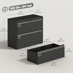 Lateral Filing Cabinet with 2 Drawers, Lockable Steel File Cabinet for A4/Letter/Legal Size Files, Black