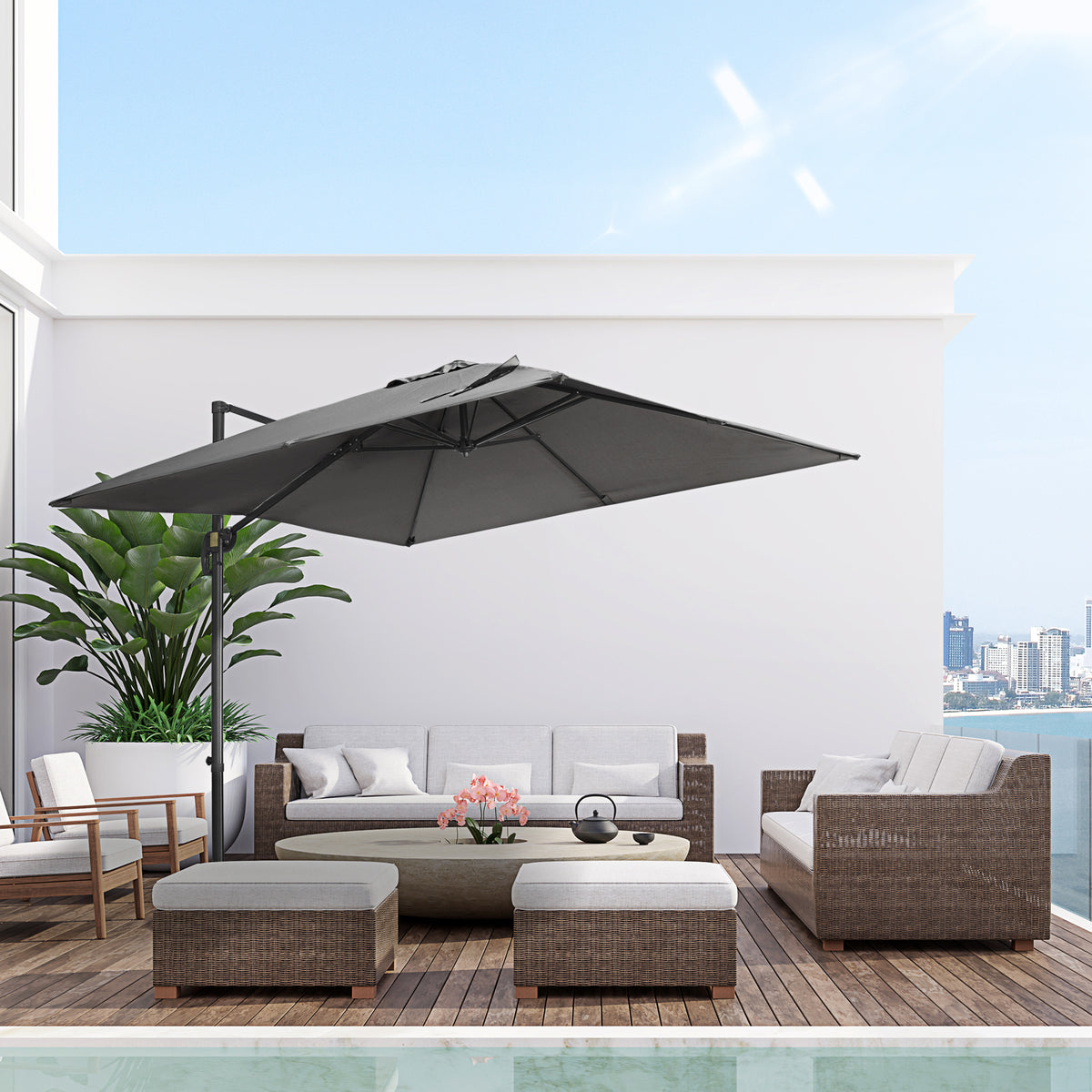 9ft Cantilever Patio Umbrella, Square Overhanging Umbrella with Cross Base, Crank Handle, Tilt – view 7