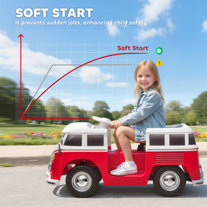 Qaba 12V Kids Ride on Car, Lisensed Volkswagen T1 Electric Vehicle with Dual Motor and Soft Start for 3-7 Years, Red