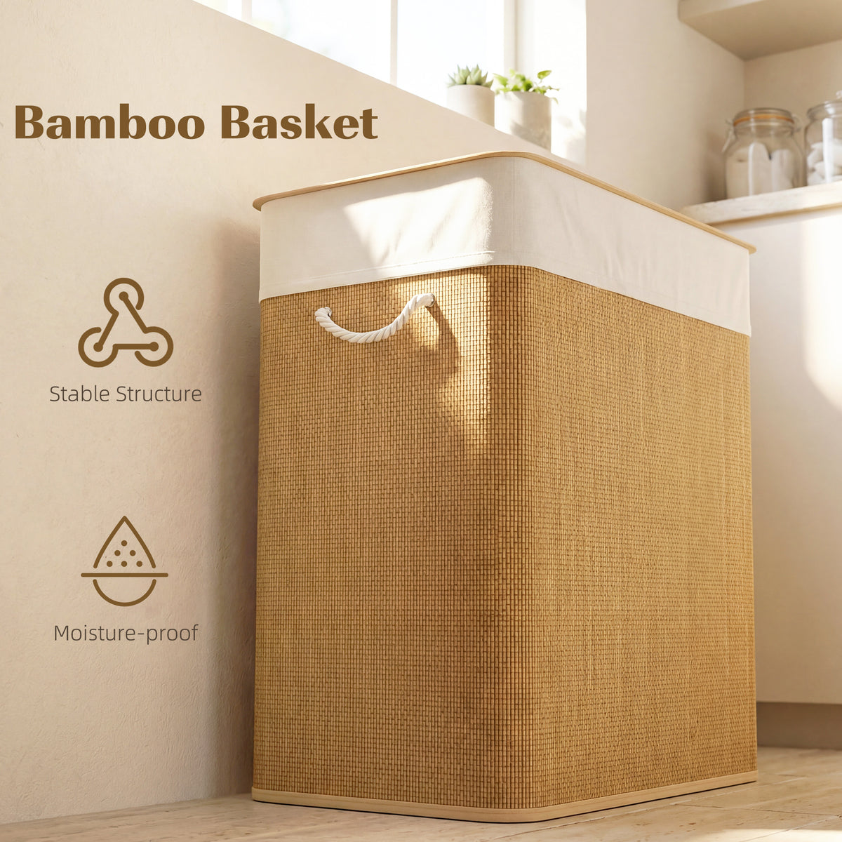 Double Laundry Basket with Lid, 100L Bamboo Laundry Hamper with Rope Handles and Removable Bags, Brown – view 6