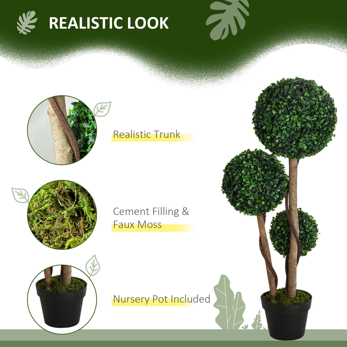 35 Inch Potted Fake Plant, Artificial Boxwood Topiary Tree, Triple Ball Tree for Indoor and Outdoor, Dark Green
