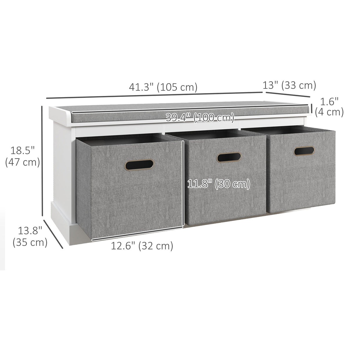 Shoe Storage Bench with Seat, Entryway Bench Seat with Cushion, 3 Fabric Drawers for Hallway, Dark Grey – view 16