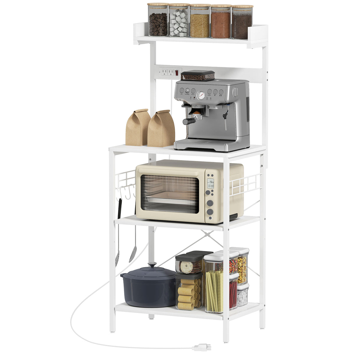 Kitchen Baker's Rack with Power Outlet, Coffee Bar Station with Adjustable Shelves and Hooks – view 43