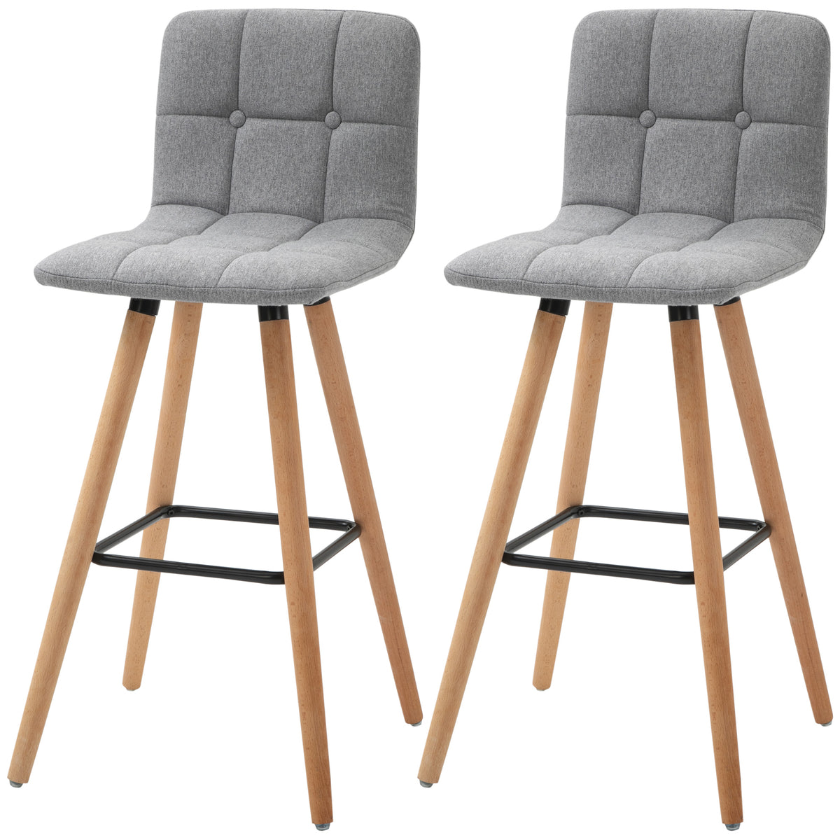 Modern Bar Stools Set of 2, 38" Upholstered Kitchen Island Stool with Solid Wood Legs, Grey