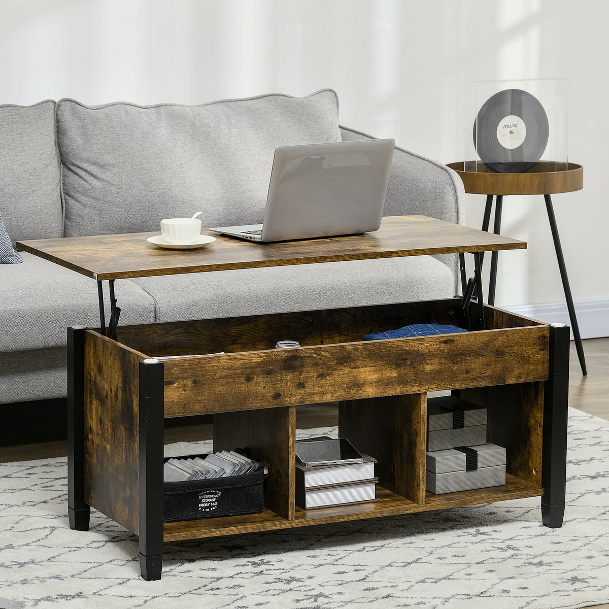 Lift Top Coffee Table, Modern Center Table with Storage Shelves and Hidden Compartment for Living Room – view 14
